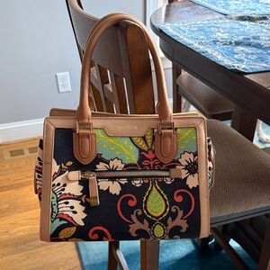 Spartina 449 Tan Trim Floral Jacquard Satchel - Navy, Tan, Green, Red